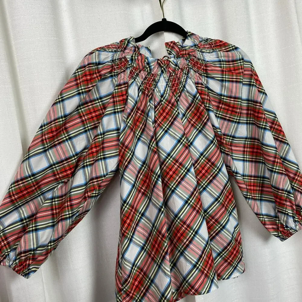 J.Crew Tartan Plaid Smocked Neck Popover Blouse Sz.XS